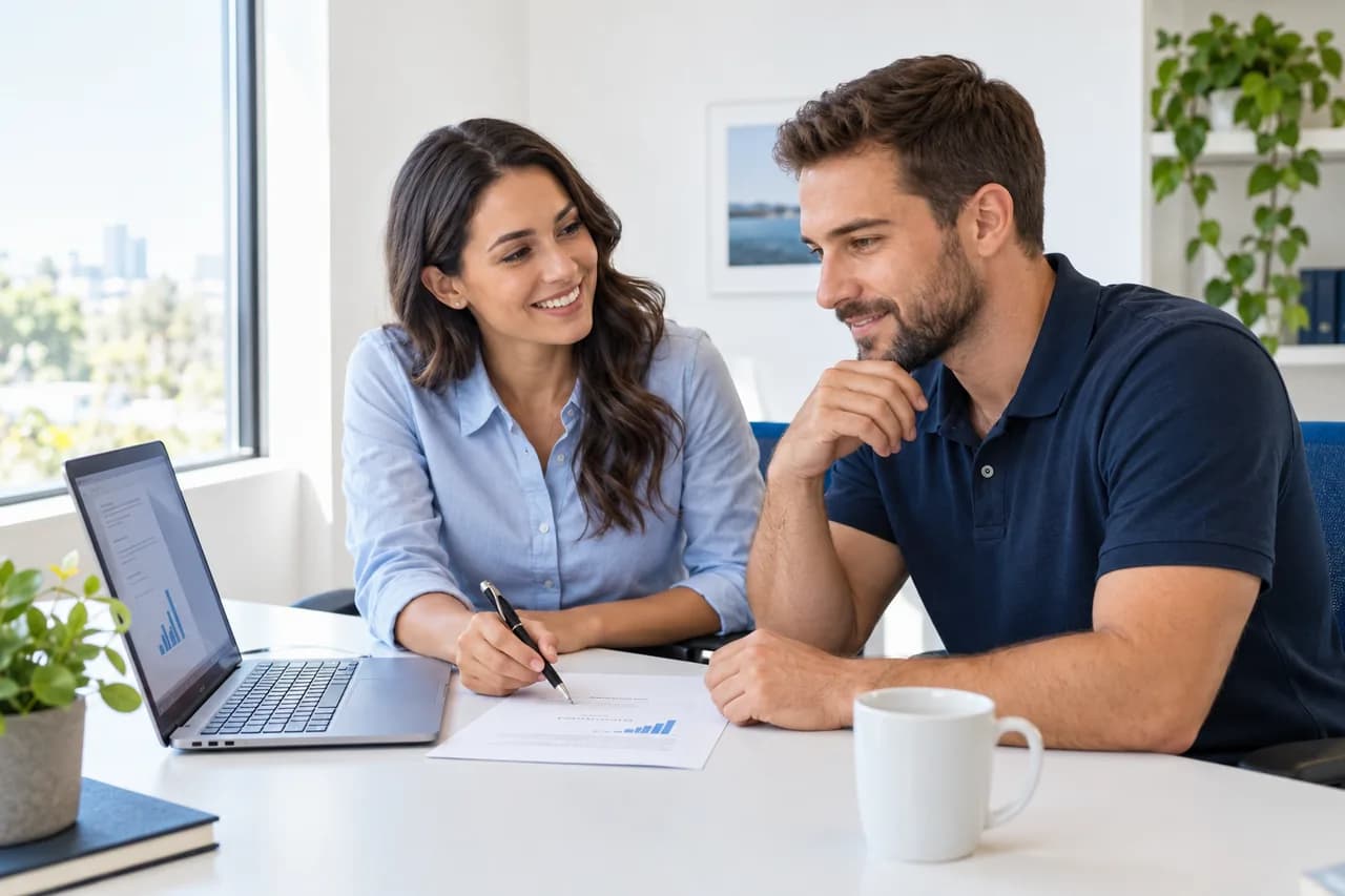 Two colleagues confidently reviewing a proposal and business reporting together