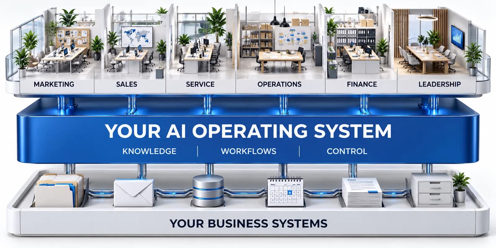 Company-wide AI architecture: marketing, sales, service, operations, finance, and leadership share an AI operating system for knowledge, workflows, and control, connected to existing business systems.