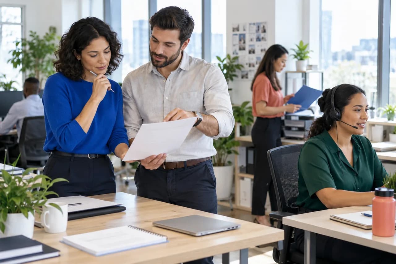 Operations colleagues reviewing a work plan while a customer-care teammate handles a conversation in a bright, connected workspace.