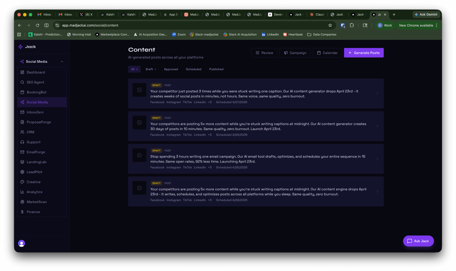MadJack AI dashboard showing content workflow, campaign controls, and tool navigation