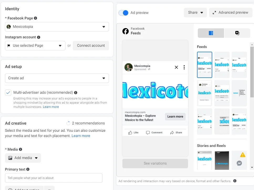 Actual Meta Ads Manager ad setup, creative editing and placement previews